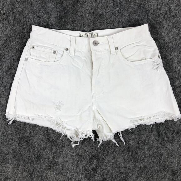 We The Free Womens Shorts 27 White Denim Mid Rise Button Fly Fray Hem Distressed - Picture 2 of 13